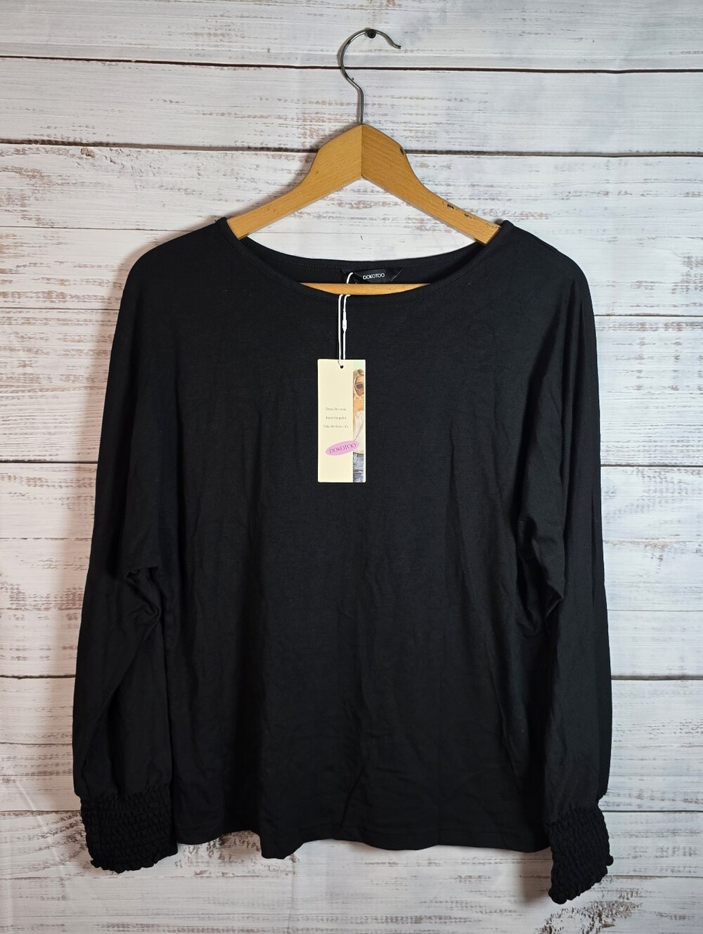 NWT Dokotoo Black Smocked Cuff Long‎ Sleeve Blouse Top Size Small